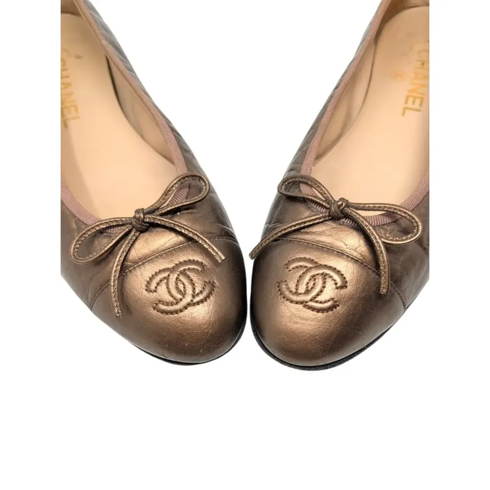 Chanel Ballet Flat Ballerina CC Logo Cap Toe Metallic Bronze Leather 38 | 7.5